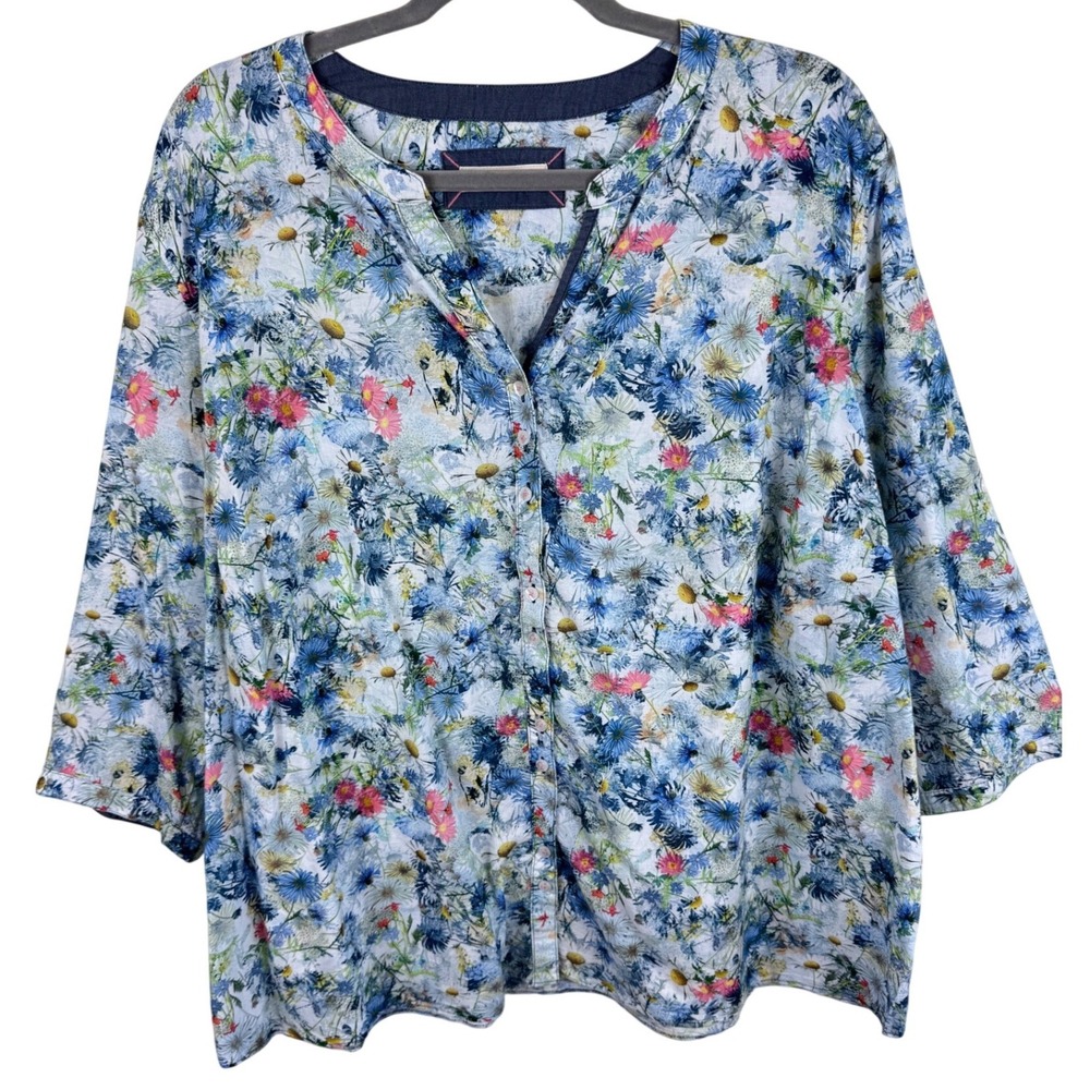 Gerry Weber Edition Floral Button Up Blouse Blue‎ Wildflower 3/4 Sleeve